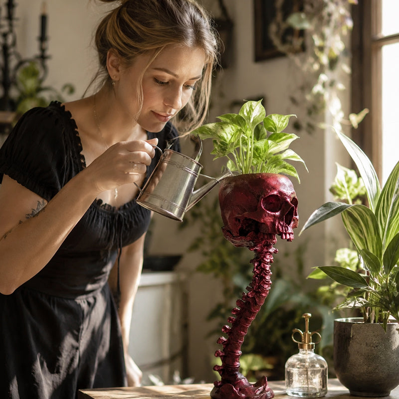 Quirky Spooky Skull Plant Pot, Skeleton Ornament Vase For Gothic Rooms