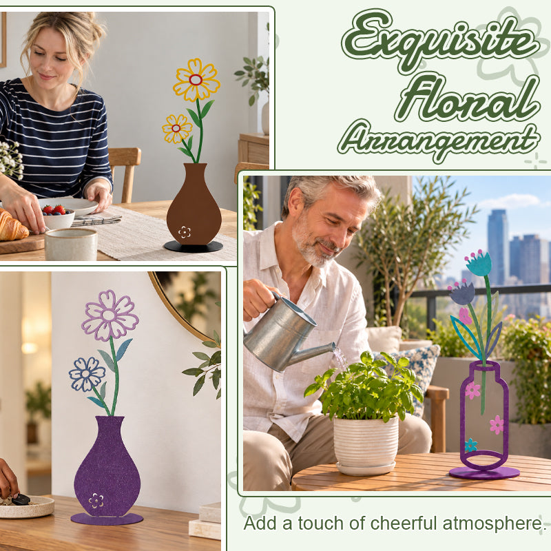 Decorative Floral Vase Ornament | Wooden Flower Vase Tabletop Decor, Daisy Tulip Ornament for Shelf & Desk