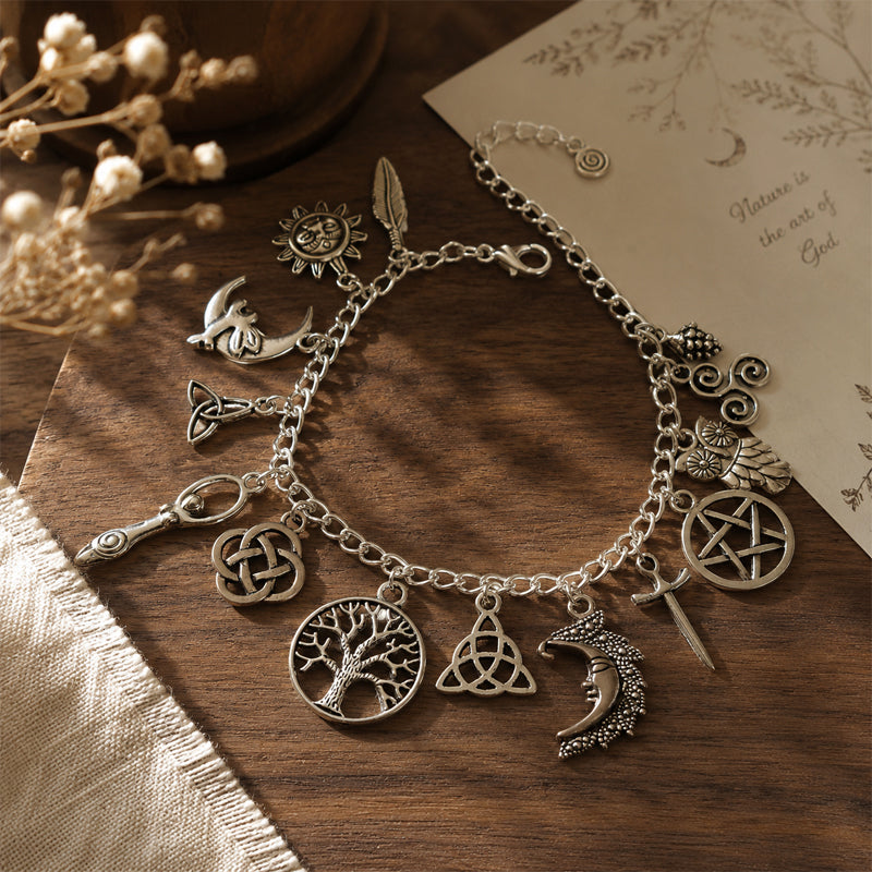 Celestial Celtic Symbol Charm Bracelet – Silver Sun Moon Tree Pentagram Jewellery