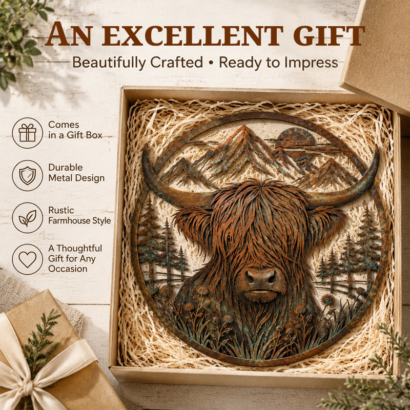 Rustic Highland Cow Mountain Scene Metal Wall Art | Indoor & Garden Wall Plaque