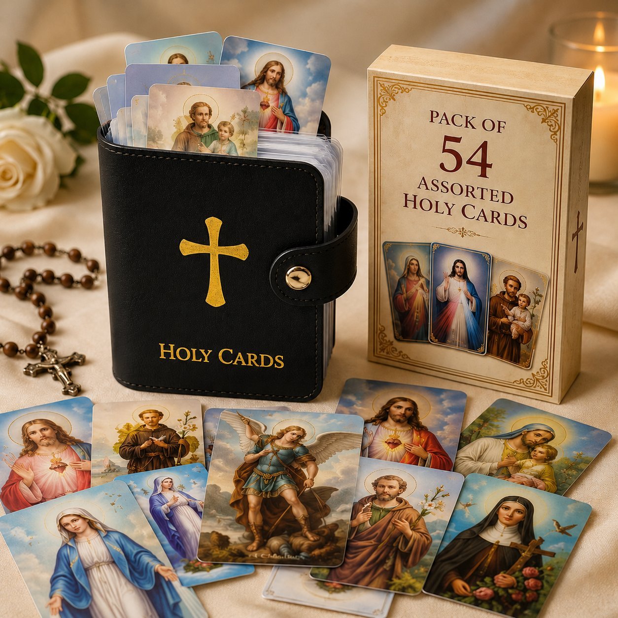 ✝️ Katholischer Heiligenkartenhalter aus echtem Leder – Taschen-Gebetskartenorganizer mit Druckknopfverschluss