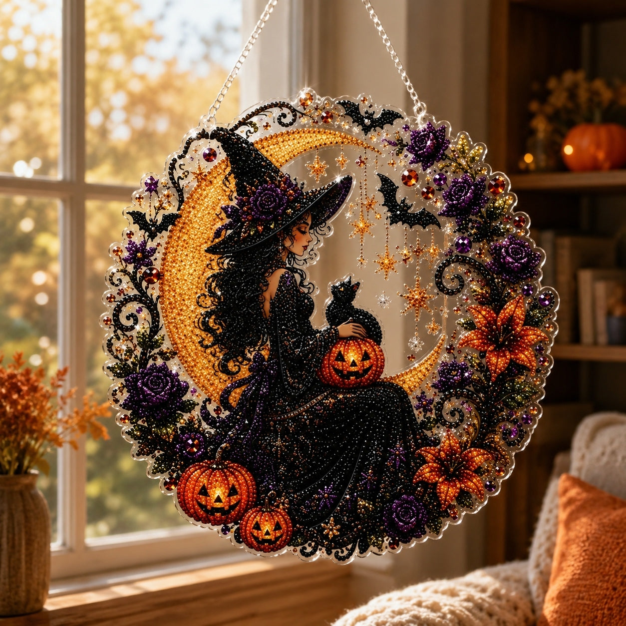 🎃 Limited Offer | Lucky Black Cat Moon Crystal Art Hanging Ornament Kit – Wholesome Family-Friendly Autumn Halloween DIY Craft Set