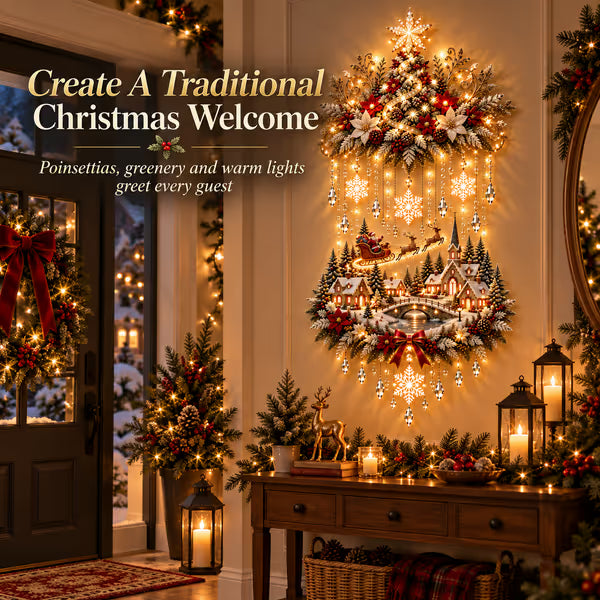 🎄 Illuminated Christmas Tree & Village Wall Hanging | Cascading Warm Lights for Living Rooms, Entryways & Staircases ✨
