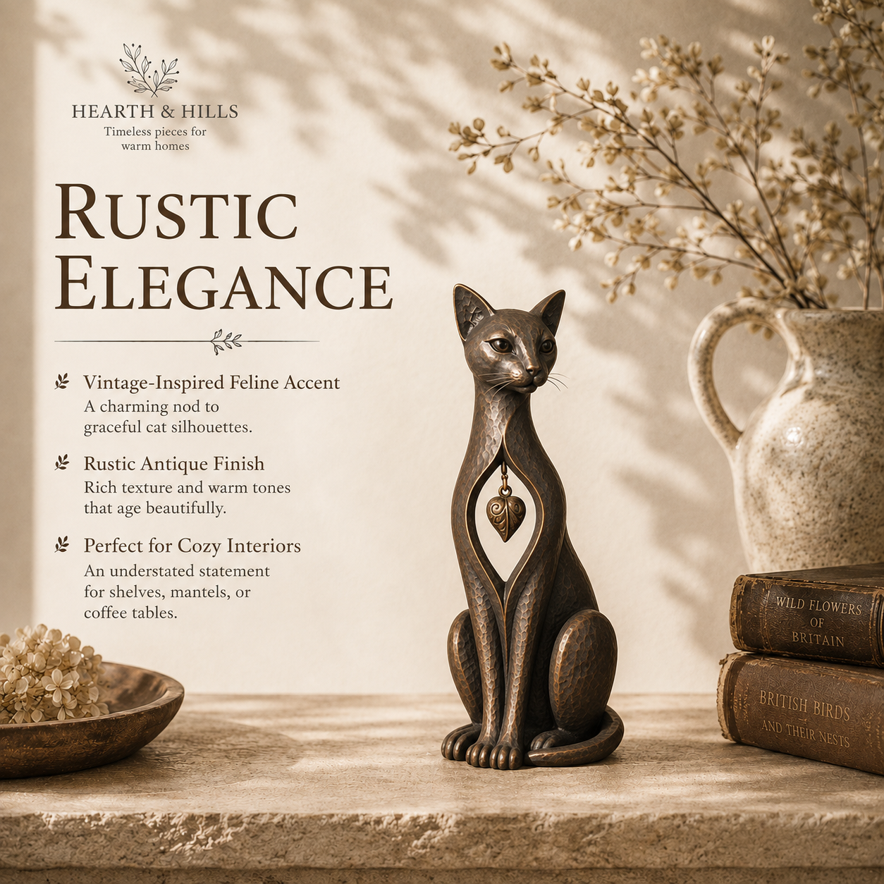 Heritage Heart Sphynx Sculpture – Vintage Iron Cat Accent