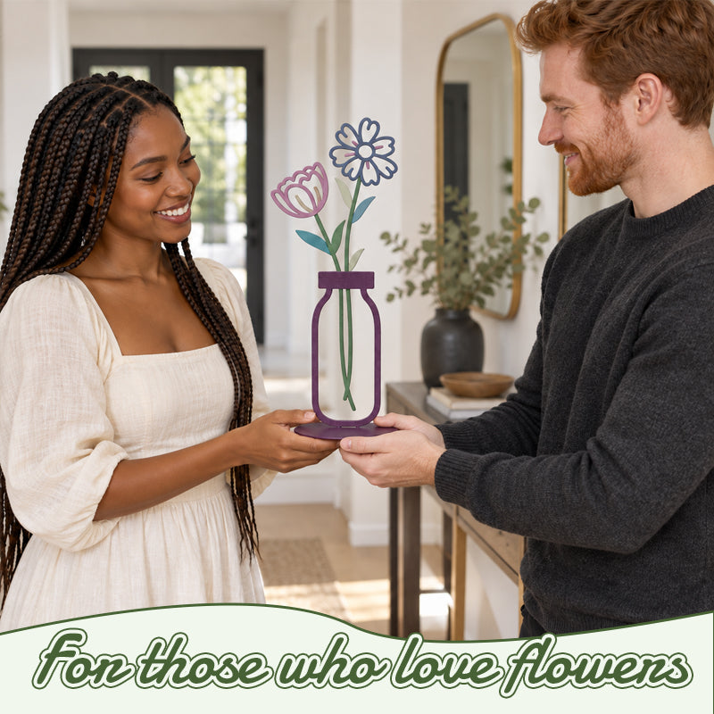 Decorative Floral Vase Ornament | Wooden Flower Vase Tabletop Decor, Daisy Tulip Ornament for Shelf & Desk