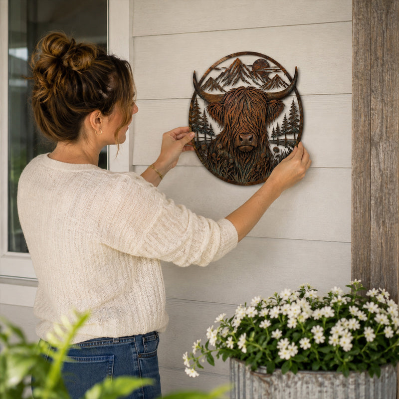 Rustic Highland Cow Mountain Scene Metal Wall Art | Indoor & Garden Wall Plaque