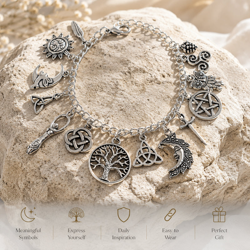Celestial Celtic Symbol Charm Bracelet – Silver Sun Moon Tree Pentagram Jewellery