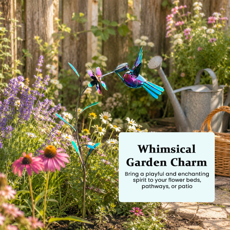 Iridescent Dazzling Hummingbird Wind Spinner Stake – Colourful Metal Weatherproof Garden Ornament