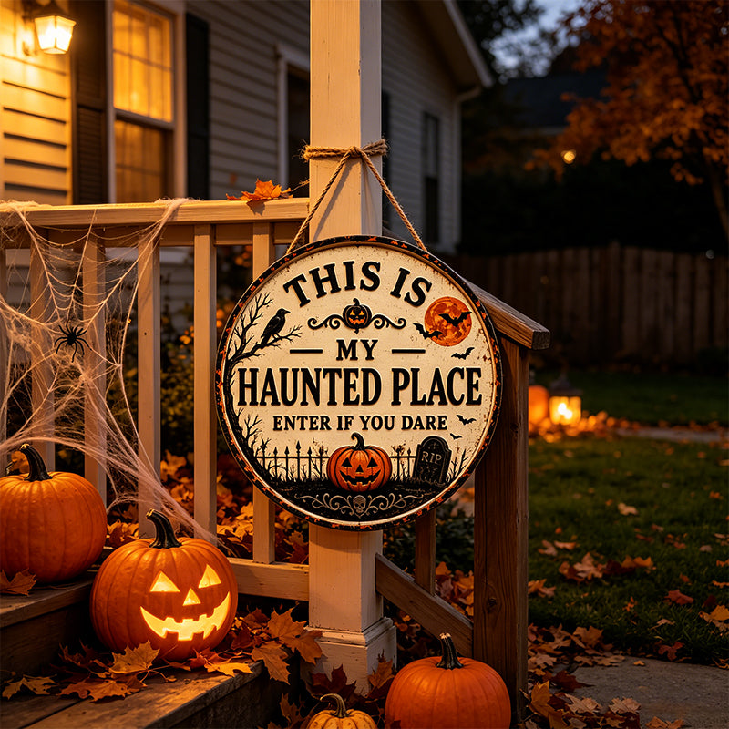 Halloween Front Door Sign – This Is My Haunted Place Spooky Home Wall Hanging Decor
