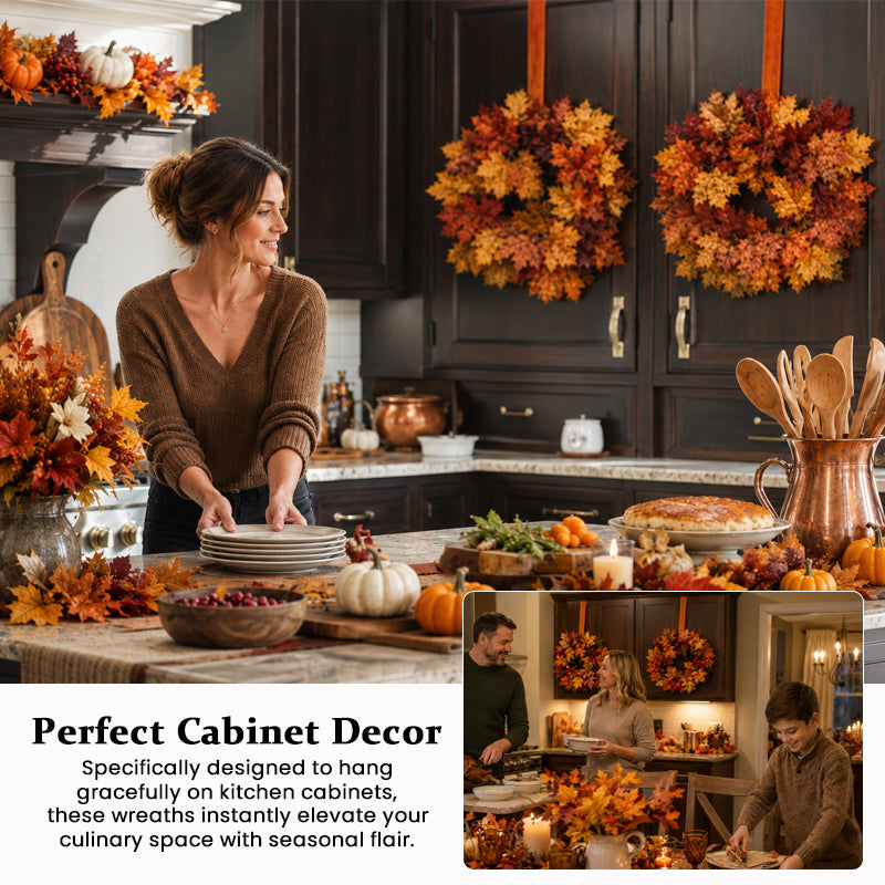 Autumn Maple Leaf Wreath with Ribbon | Cosy Fall Kitchen Cabinet Decor For UK Homes