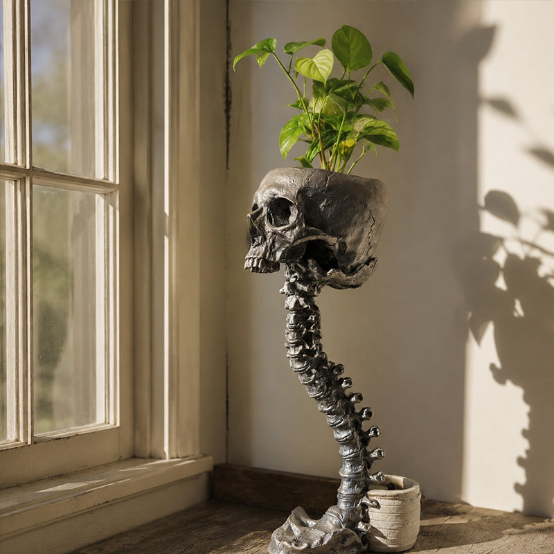Quirky Spooky Skull Plant Pot, Skeleton Ornament Vase For Gothic Rooms