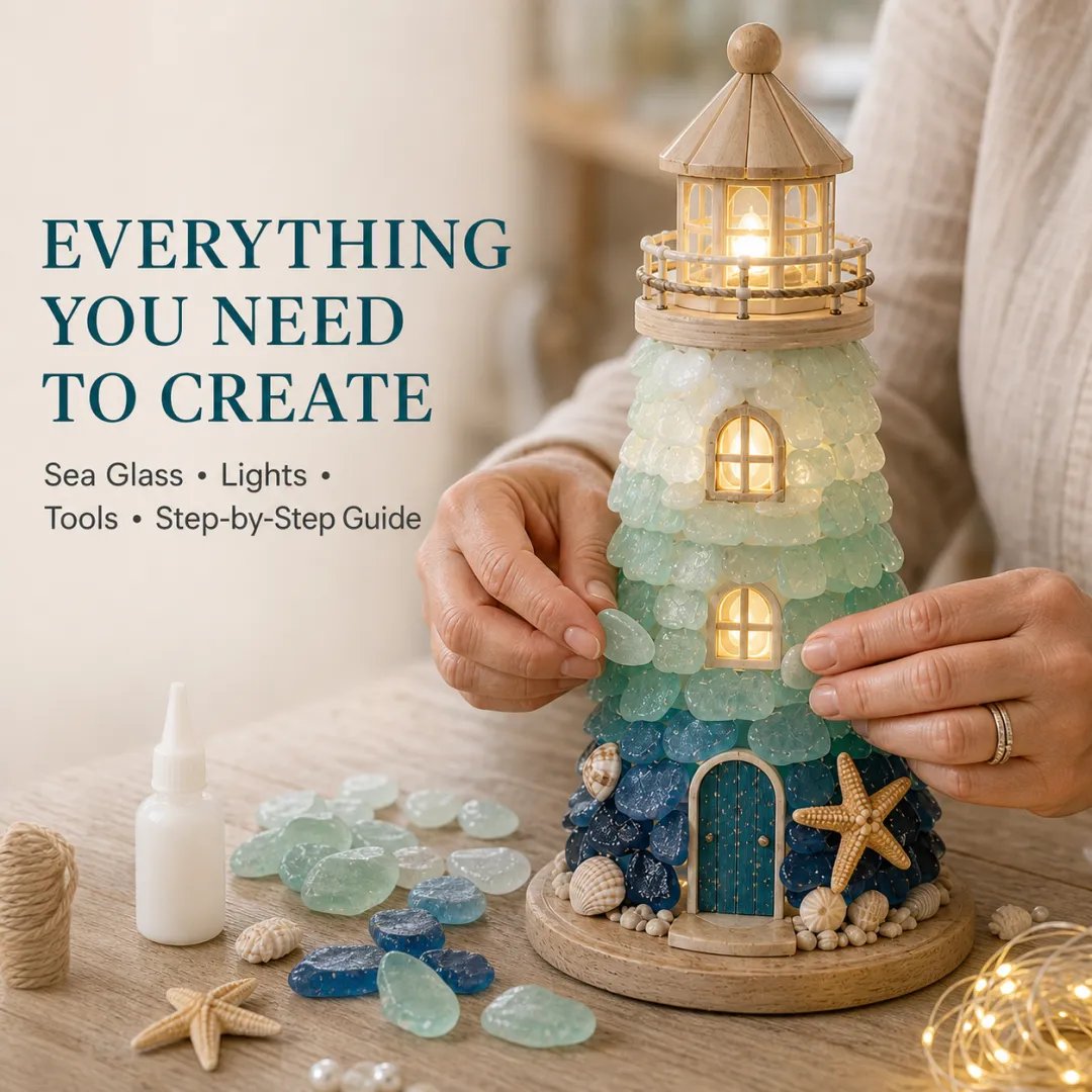 💥 LAST DAY 50% OFF - 💙 DIY Sea Glass Lighthouse Kit – Light-Up Coastal Craft & Handmade Home Decor
