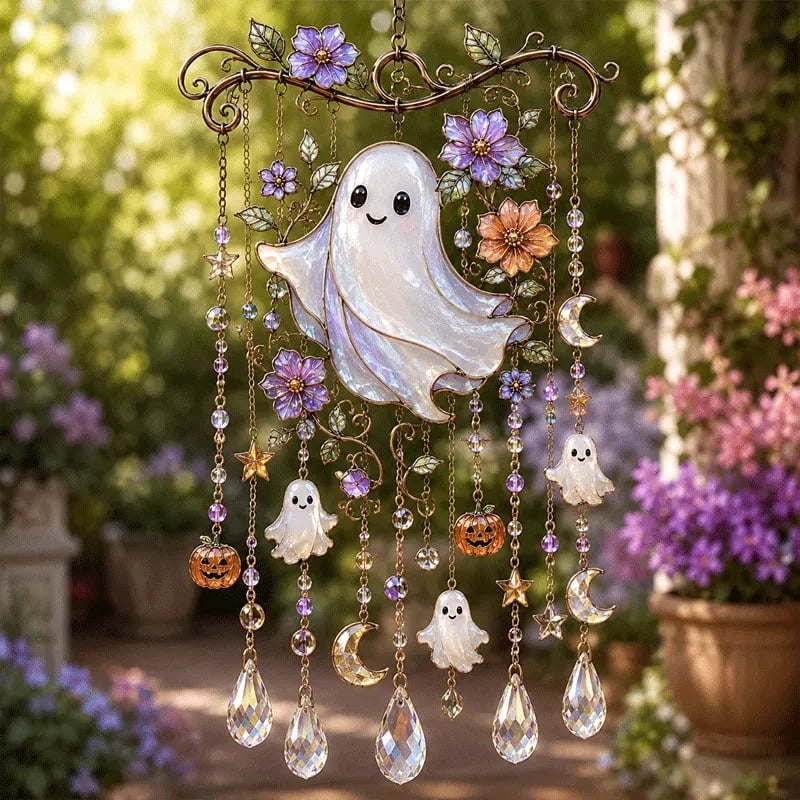 Stained Glass Halloween Suncatcher Wind Chime | Gothic Window Hanging Decorative Ornament