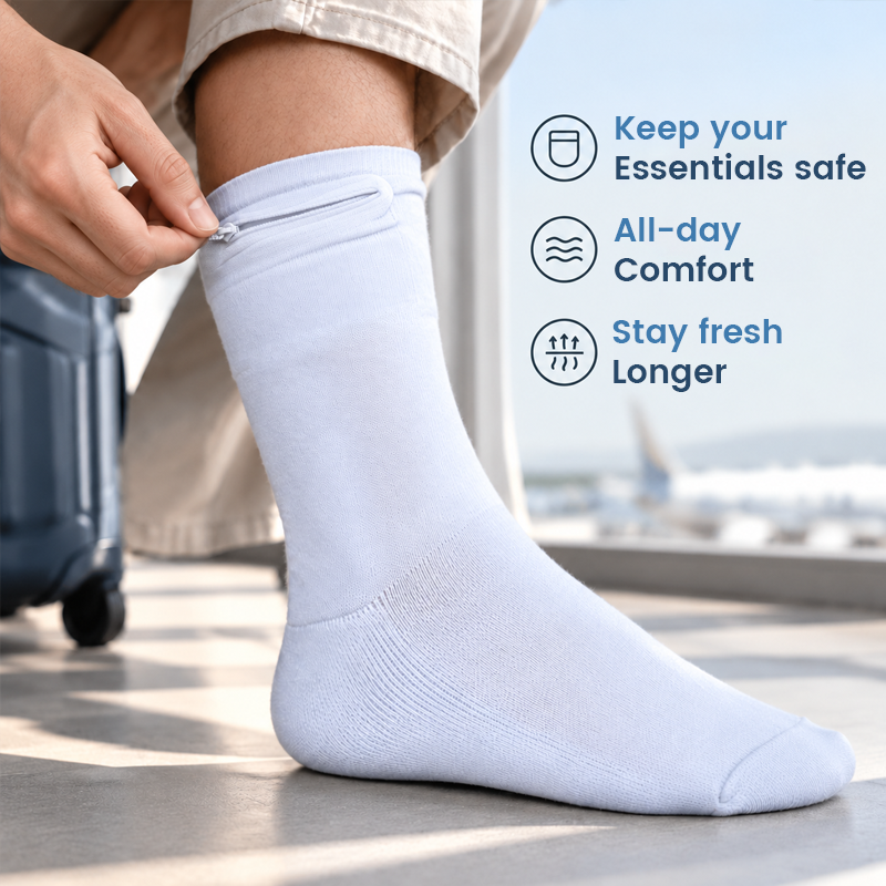Travel Socks with Hidden Zipper Pocket – Anti-Theft Security Pocket for Cash & Cards