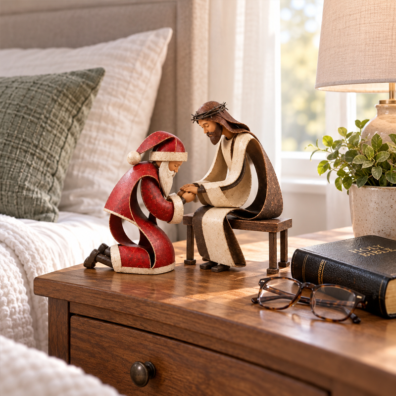 Kneeling Santa Before Jesus – Christian Christmas Decoration