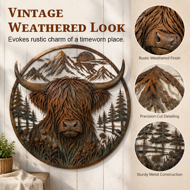 Rustic Highland Cow Mountain Scene Metal Wall Art | Indoor & Garden Wall Plaque