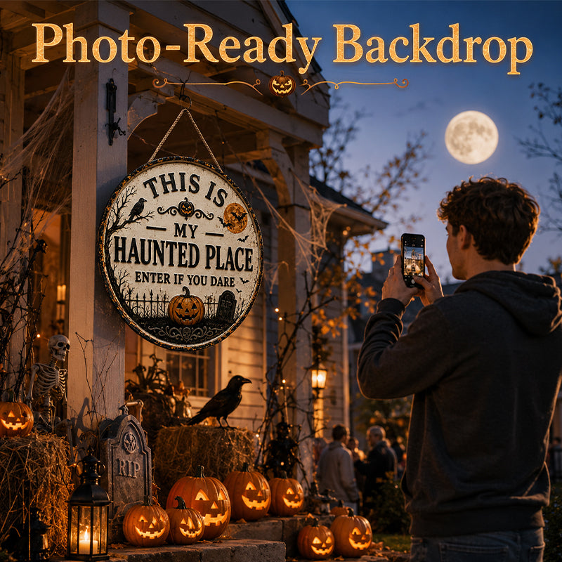Halloween Front Door Sign – This Is My Haunted Place Spooky Home Wall Hanging Decor
