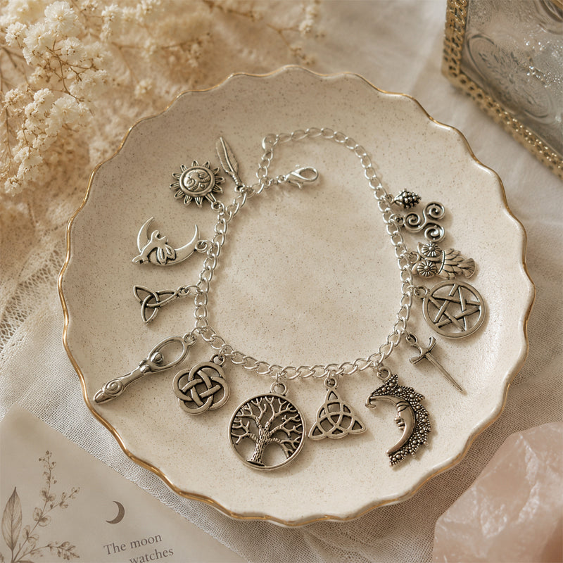 Celestial Celtic Symbol Charm Bracelet – Silver Sun Moon Tree Pentagram Jewellery