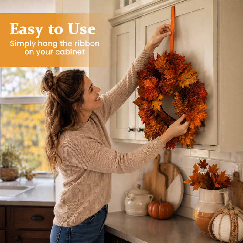 Autumn Maple Leaf Wreath with Ribbon | Cosy Fall Kitchen Cabinet Decor For UK Homes