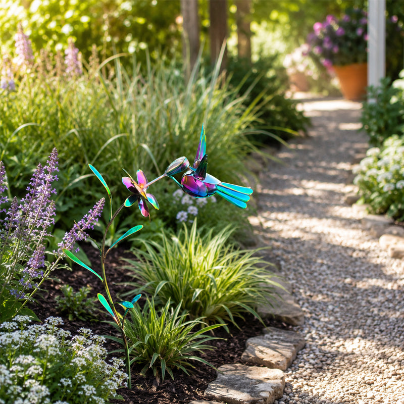 Iridescent Dazzling Hummingbird Wind Spinner Stake – Colourful Metal Weatherproof Garden Ornament