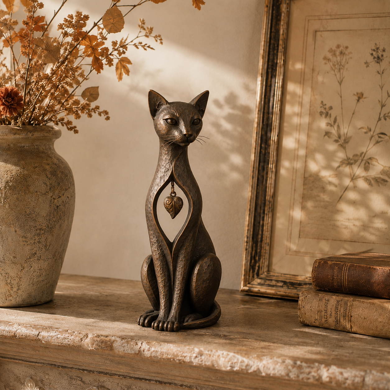 Heritage Heart Sphynx Sculpture – Vintage Iron Cat Accent