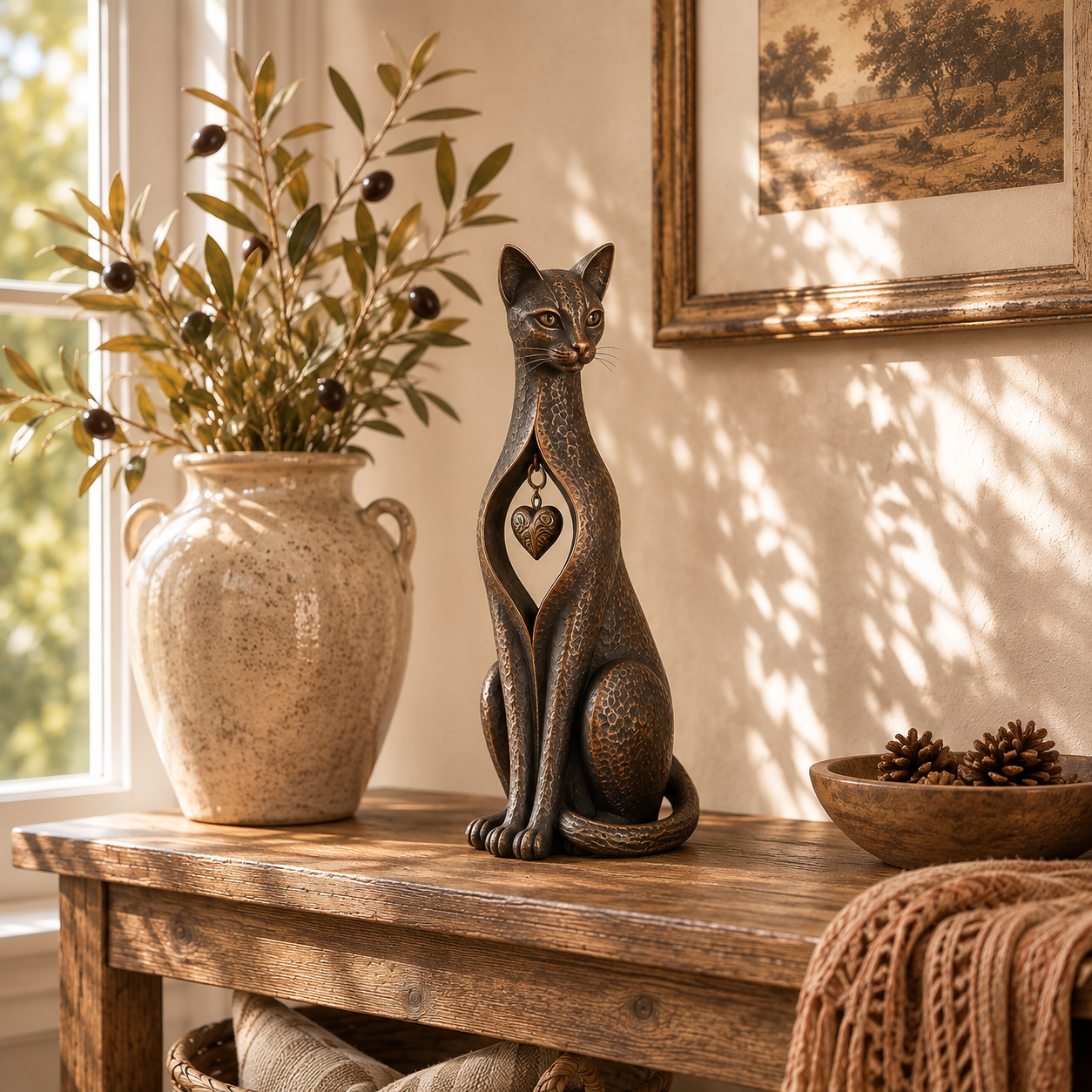 Heritage Heart Sphynx Sculpture – Vintage Iron Cat Accent