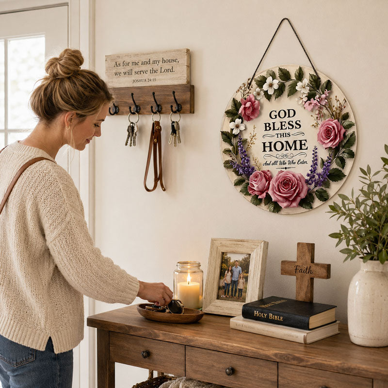 🌸 Türschild mit Blumenmuster „Möge Gott dieses Haus segnen“ – Ein herzlicher Segen für jede Familie 🙏