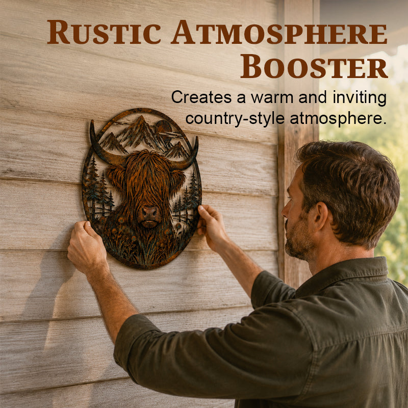 Rustic Highland Cow Mountain Scene Metal Wall Art | Indoor & Garden Wall Plaque