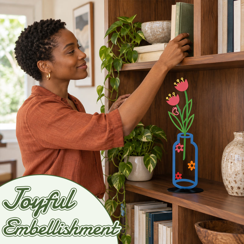 Decorative Floral Vase Ornament | Wooden Flower Vase Tabletop Decor, Daisy Tulip Ornament for Shelf & Desk