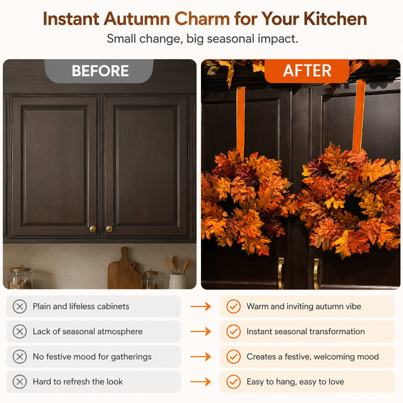 Autumn Maple Leaf Wreath with Ribbon | Cosy Fall Kitchen Cabinet Decor For UK Homes