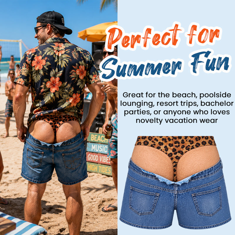 Funny Leopard‑Print Fake Denim Swim Shorts | Novelty Illusion Beach Trunks