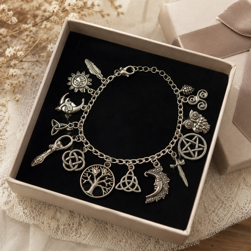 Celestial Celtic Symbol Charm Bracelet – Silver Sun Moon Tree Pentagram Jewellery