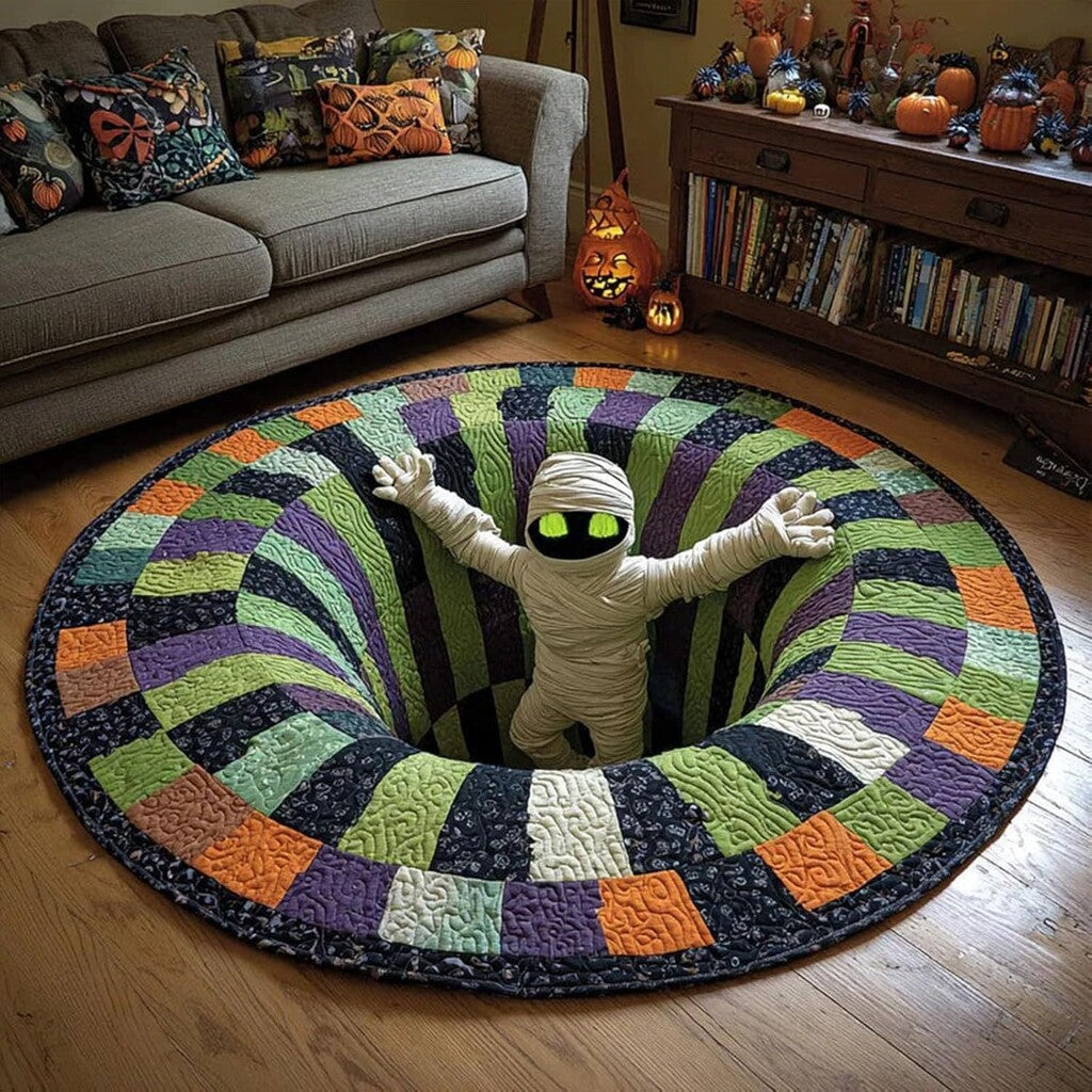3D Skeleton Vortex Pattern Quilted Round Rug | Gothic Halloween Indoor Floor Mat Home Decor