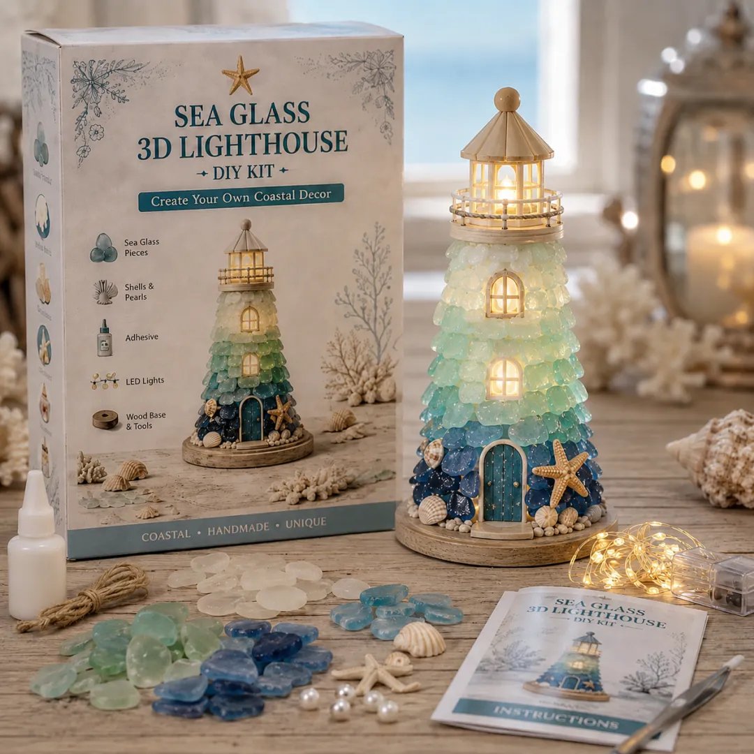 💥 LAST DAY 50% OFF - 💙 DIY Sea Glass Lighthouse Kit – Light-Up Coastal Craft & Handmade Home Decor