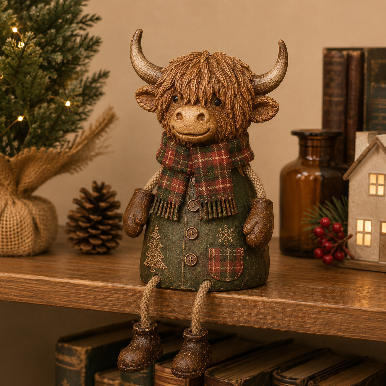 Festive Highland Cow Shelf Sitter – Rustic Christmas Home Decor