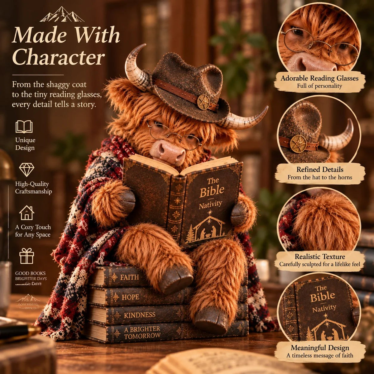 ⏳ Last Day 49% OFF – 🐮 Highland Cow Bible Nativity Figurine | Bookish Christmas Faith Décor for Shelves, Desks & Meaningful Gifts 🎄