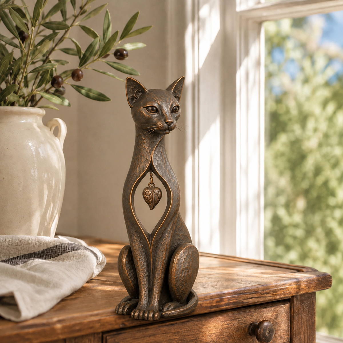 Heritage Heart Sphynx Sculpture – Vintage Iron Cat Accent