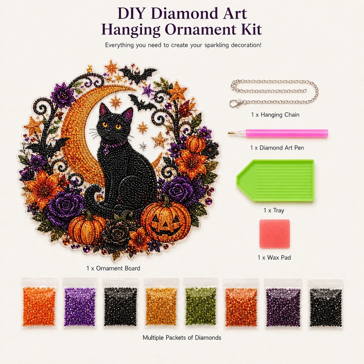 🎃 Limited Offer | Lucky Black Cat Moon Crystal Art Hanging Ornament Kit – Wholesome Family-Friendly Autumn Halloween DIY Craft Set