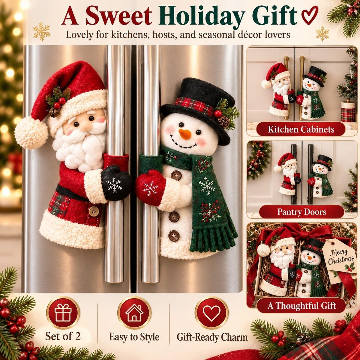 Father Christmas & Snowman Fridge Handle Huggers | Christmas Kitchen Decor