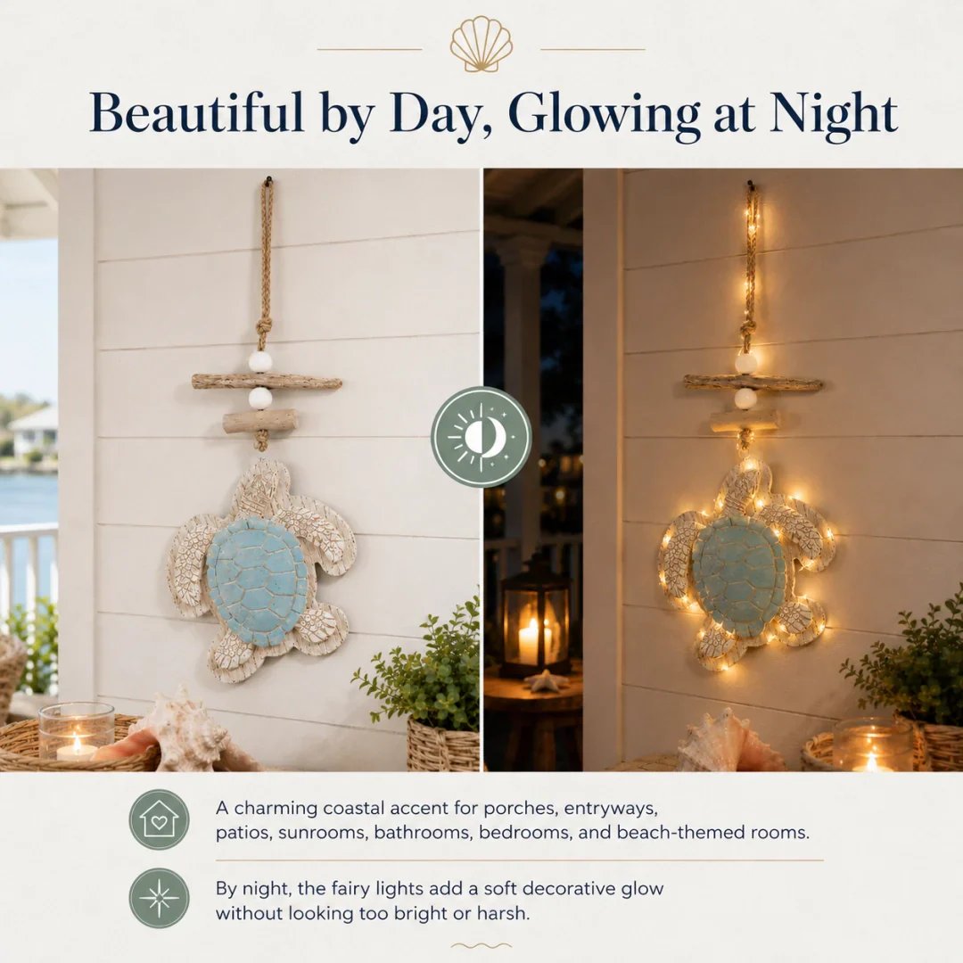 Lit Coastal Sea Turtle Hanging Wall Art | LED Lighted Turtle Wall Ornament