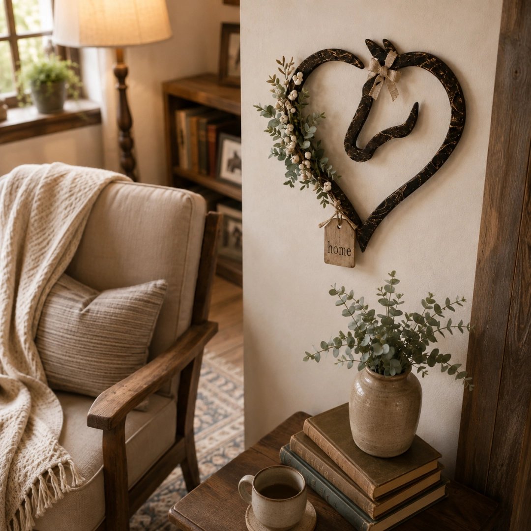Rustic Horse Heart Wall Decor with Foliage – Farmhouse Equestrian Home Accessory