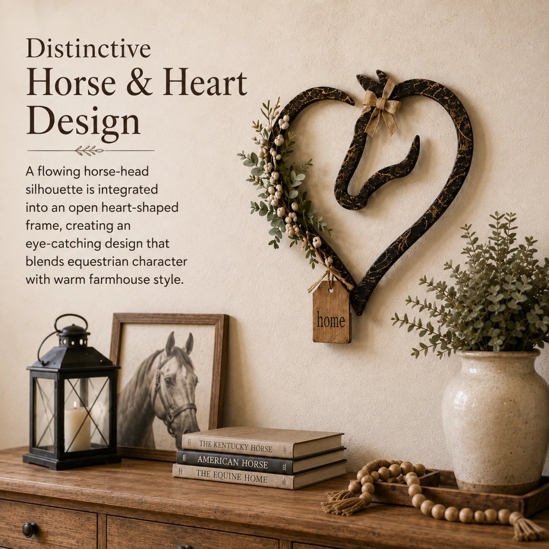 Rustic Horse Heart Wall Decor with Foliage – Farmhouse Equestrian Home Accessory
