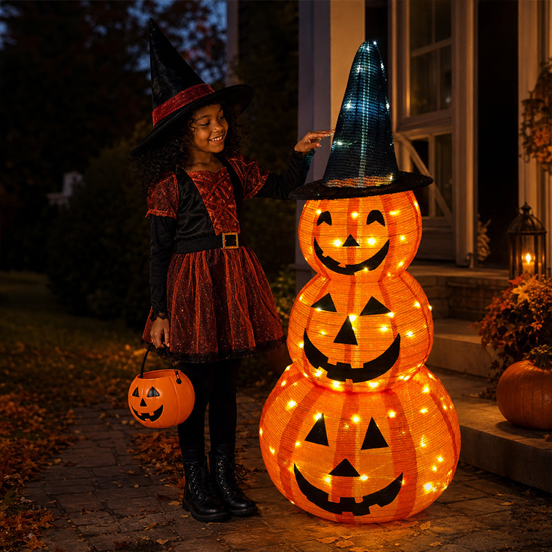 Illuminated Stacked Pumpkin Tower Plug-In Halloween Decor For Front Porch & Cottage Home