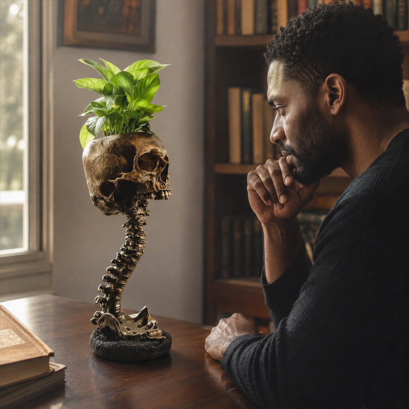 Quirky Spooky Skull Plant Pot, Skeleton Ornament Vase For Gothic Rooms