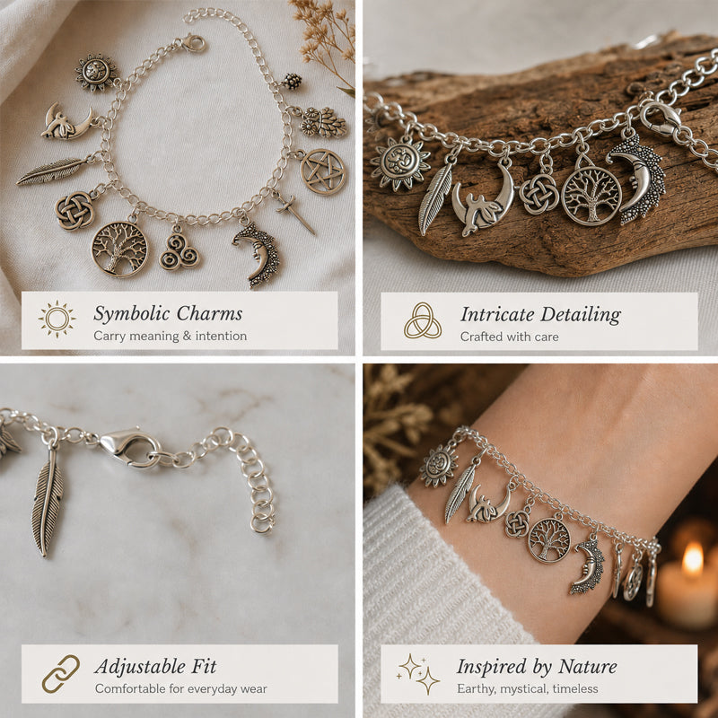 Celestial Celtic Symbol Charm Bracelet – Silver Sun Moon Tree Pentagram Jewellery
