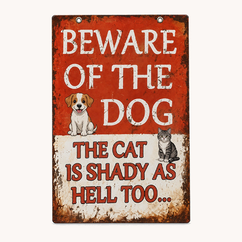 Funny Vintage Metal Sign | Beware Of The Dog, The Cat Is Shady Too | Garden Gate Wall Plaque