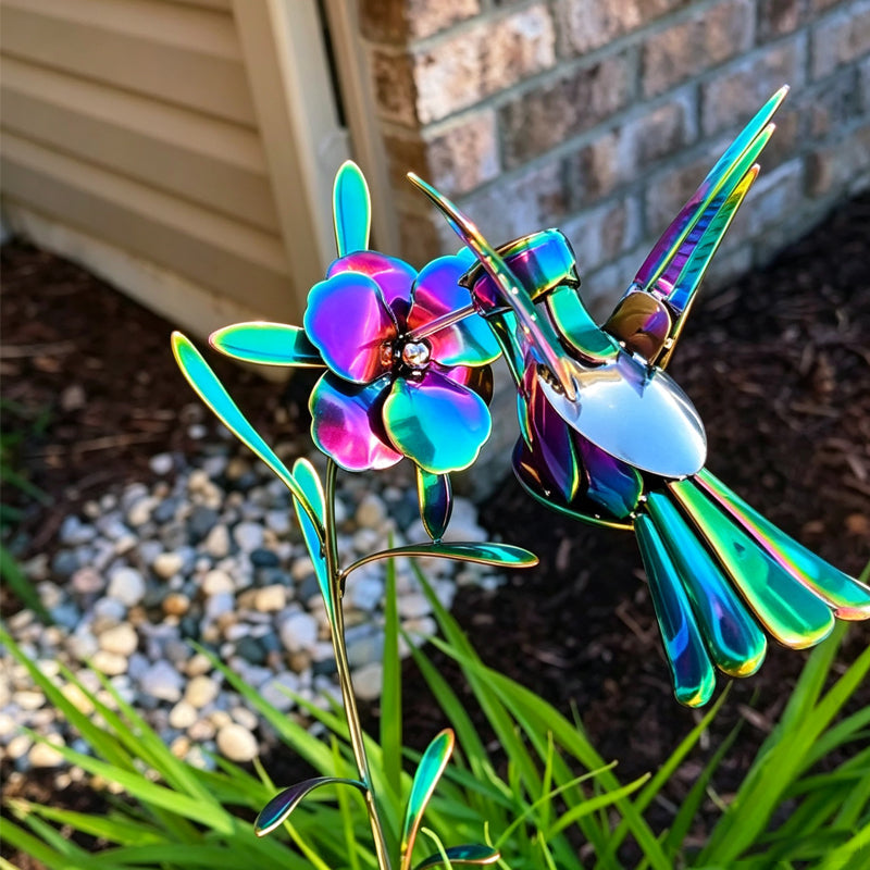Iridescent Dazzling Hummingbird Wind Spinner Stake – Colourful Metal Weatherproof Garden Ornament