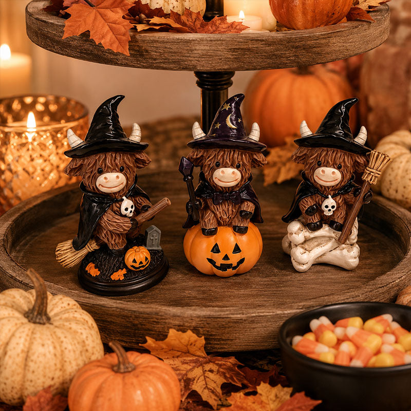 Vintage Highland Cow Halloween Decor Ornament – Rustic Highland Cow Autumn Garden Statue