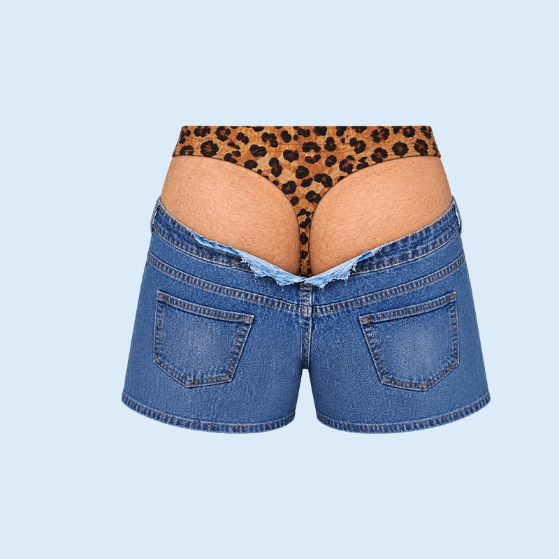 Funny Leopard‑Print Fake Denim Swim Shorts | Novelty Illusion Beach Trunks