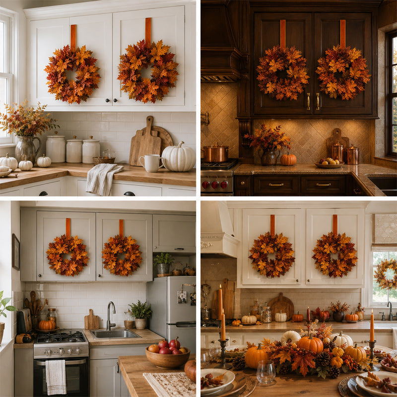 Autumn Maple Leaf Wreath with Ribbon | Cosy Fall Kitchen Cabinet Decor For UK Homes